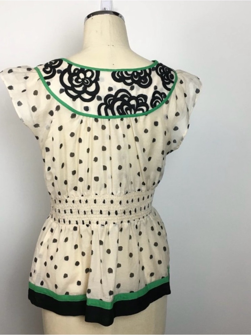 Floreat Polka Dot Cap Sleeve Peplum Blouse with Green Trim - Picture 2 of 4